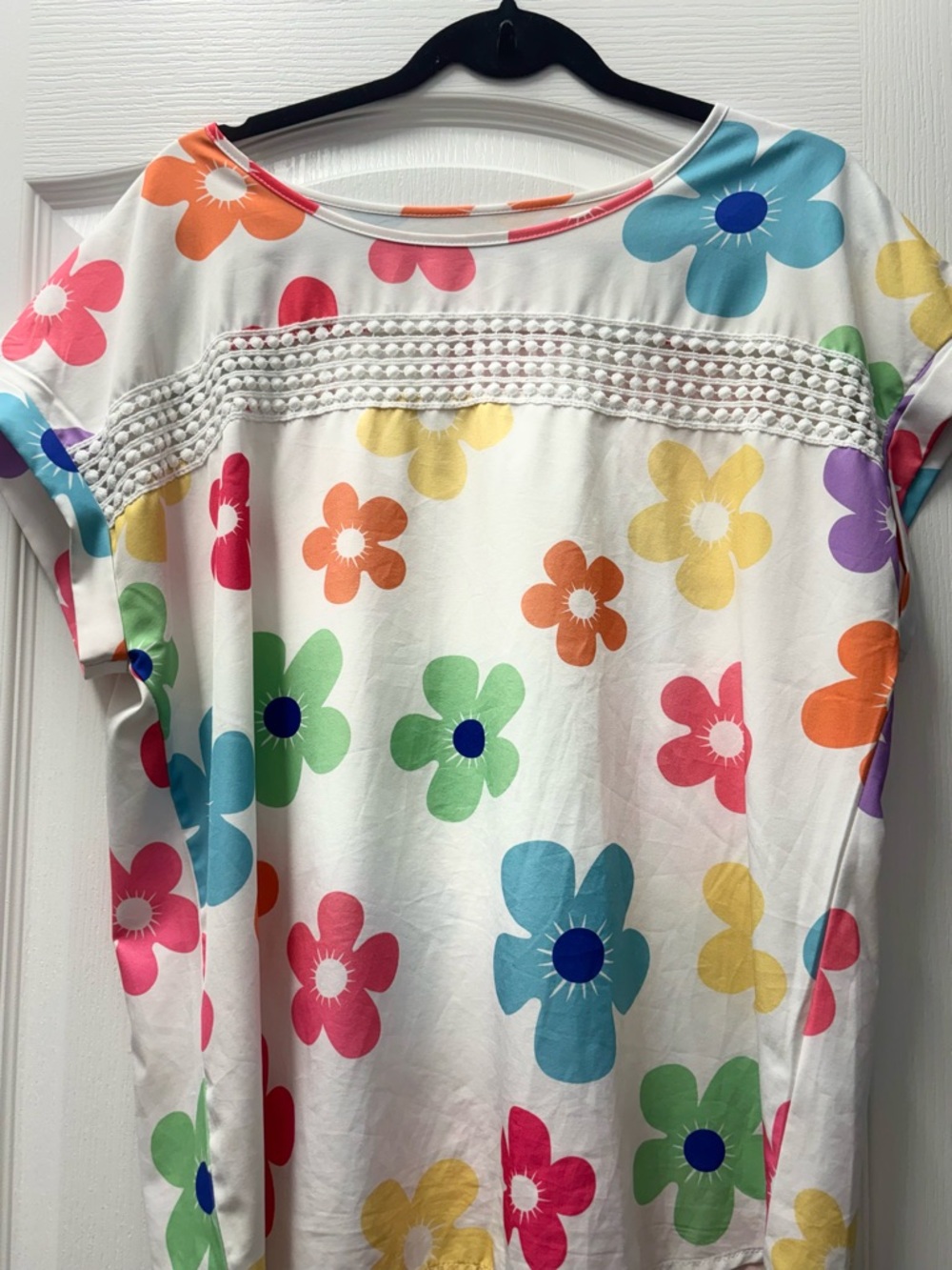 SHEIN White Tee with Multi-Color Floral Print and Crochet Detail